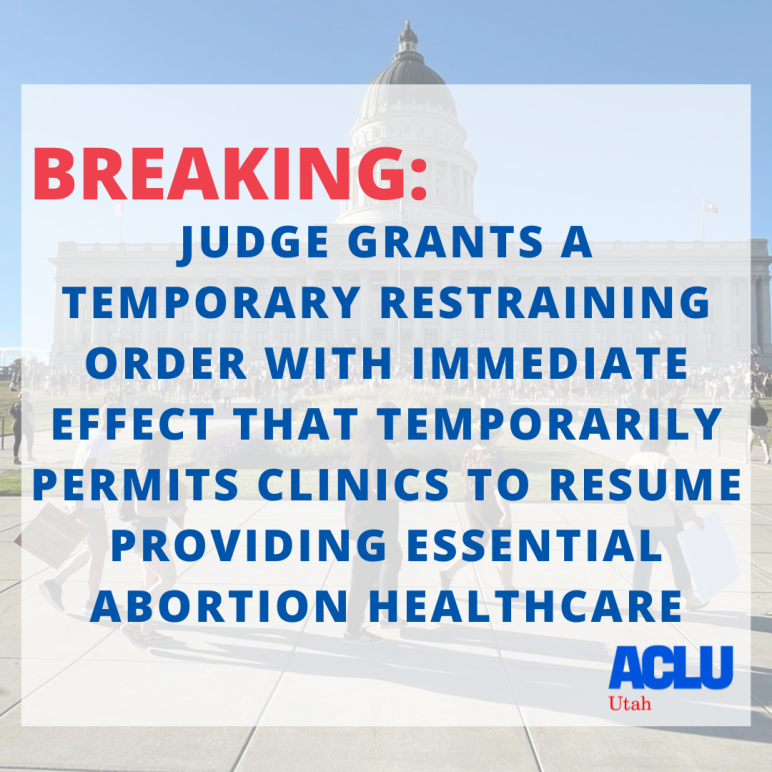 Graphic breaking news "judge grants a temporary restraining order with immediate effect that temporarily permits clinics to resume providing essential abortion healthcare"