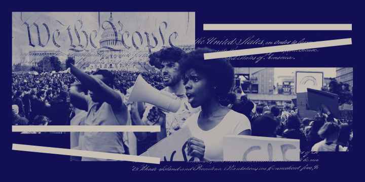 A graphic featuring a crowd of people demonstrating and the Preamble to the United States Constitution.