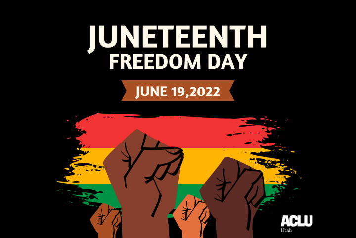 Graphic for Juneteenth 2019. It has for fists behind a red, orange, and green backdrop. 