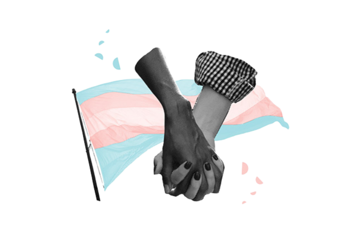 Graphic for ACLU of Utah showing two people holding hands with a transgender pride flag behind them.